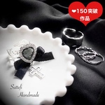 🎀再販🎀✨【№249】᛭リボンとハートの病みかわレースリング᛭      量産型 地雷 病み可愛い シルバー キラキラ ハートビジュー ハートパール ゴスロリ クロス 十字架 揺れる