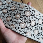 1mカット済み【インド刺繍リボン】幅広　チュール　刺繍リボン   【ブラック】