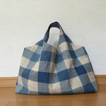 手提げバッグ ブルー×ベージュチェック