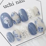 再販(no.57)ブルーグレーの花柄ネイル