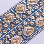 インド刺繍リボンᢂハートシルクリボン【ブルー】インド刺繍/刺繍リボン/リボン/シルクリボン/トリム/ブレード/ジャガードリボン/チロリアンテープ/レース/チュール