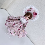 【送料無料】リカちゃんお洋服、ピンクの薔薇柄ワンピース、ボンネット、ペチコート、靴下の4点セット（56）