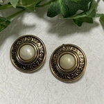 【25mm】【Ag】イタリアヴィンテージ  ラウンドアクリルボタン アンティークゴールド×パールホワイト 2個セット