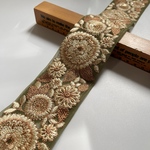 約6cm幅/刺繍リボン/チュール(カーキ)光沢ベージュ刺繍/花柄/花刺繍