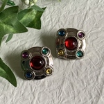 【スモール】ヴィンテージ  ストーンデザインアクリルボタン シルバー系×マルチカラー 2個セット