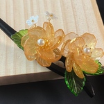 ガラス山茶花の木製一本かんざし　ゴールド