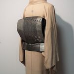 すぐに結べる「さくら造り帯」黒×シルバーに金銀縦縞の二重太鼓