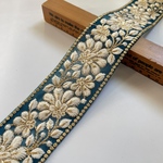 約6cm幅/刺繍リボン/チュール(マリンブルー)ホワイト刺繍/花柄/花刺繍