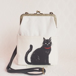 ＜konkon825様ご予約品＞黒猫のホワイト帆布がま口サコッシュ/ショルダーバッグ/スマホショルダー/御朱印帳バッグ/ポシェット