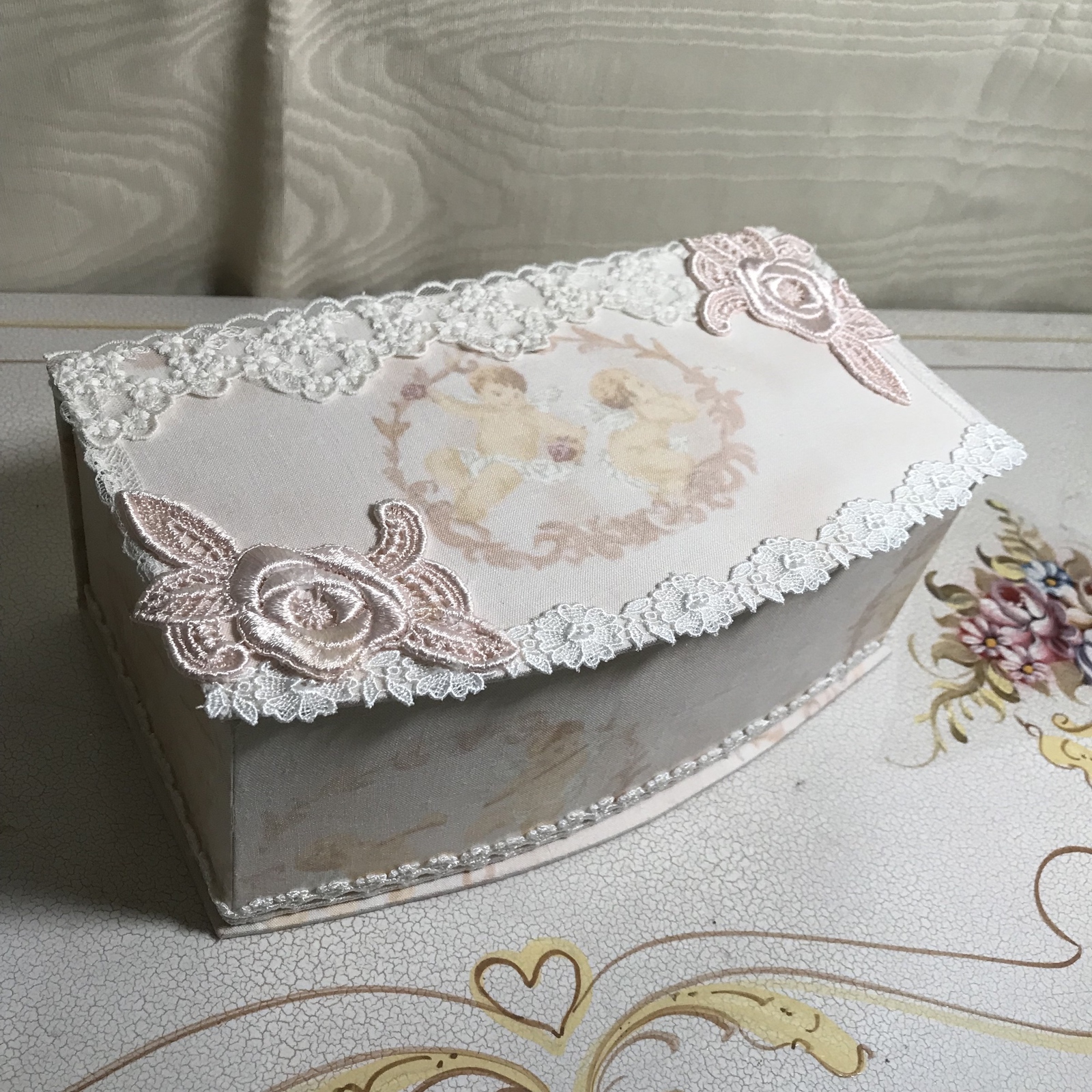 カルトナージュマスクケース ベージュ系の天使と薔薇の