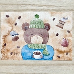 🧸透明水彩画「コーヒー飲んでほっこり」北欧イラストポストカード　2枚セット くま　クマ　熊　珈琲　コーヒー豆　ニット帽　マフラー　セーター　冬　寒中見舞い　寒中見舞いハガキ　年賀状