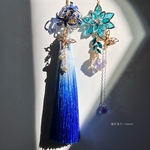 青彼岸花と鬼灯と蓮の和風ピアス イヤリング蝶々と淡水パール、ロングタッセル付き着物や袴　成人式の和装小物にも★