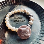 BL250-214シェルパールantique COLOR+猫 glass Button 17㎝*天然石ブレスレット　[送料無料] 　