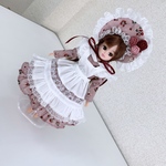 アウトレット品【送料無料】リカちゃんお洋服、ピンクのウサギ柄エプロンワンピース3点セット（エプロン、ワンピース、ボンネット）（57）