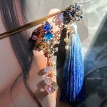 蒼金魚と鬼灯と青の彼岸花の和風かんざし(２本セット)蝶々と淡水パール、ロングタッセル付き着物や袴　成人式の和装小物にも★