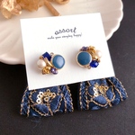 【navy】アンティークビーズとインド刺繍リボンのピアス(イヤリング)