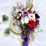 No.wreath-15500★迎春しめ縄リース(お正月リース)   22-(10)   ダリア＆オーキッド&迎春プレート　50x32cm・アートフラワー/造花リース/大型リース/壁掛け