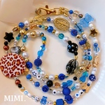 スマホストラップ🔵ビーズストラップ🧸ショルダーストラップ🖤ネックストラップ🐆ブルー＋ブラック＋ゴールド☺︎スマホ用タグ付☺︎/ MIMI.