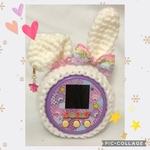 ぷにるんずカバー+イヤリング2個付き　白　うさぎ　レインボーリボン　ストラップ穴あり