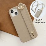 ショルダーストラップ付きiPhoneケース　モカベージュ　スタンドにもなるベルト付
