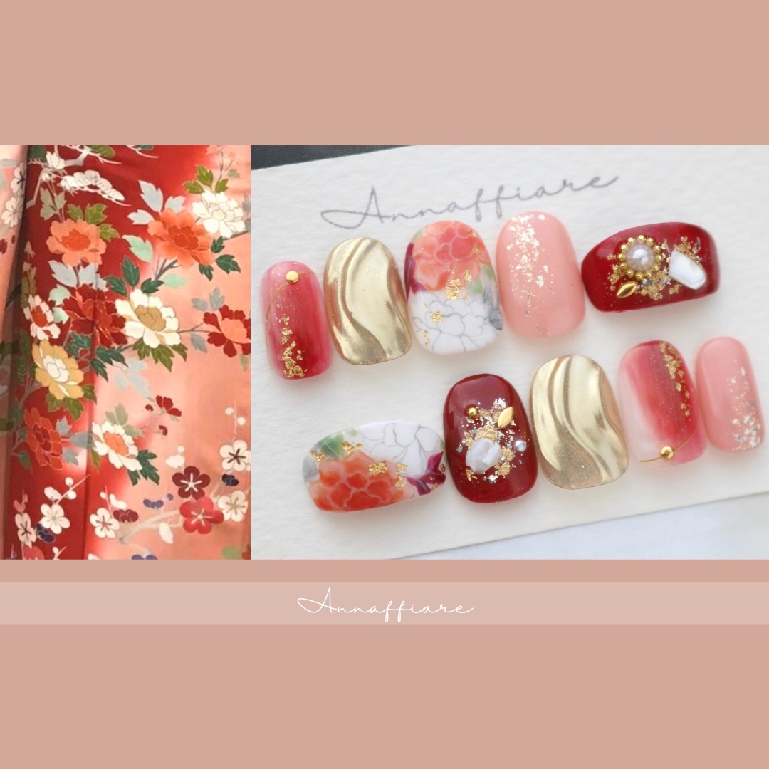 振袖柄オーダー♡和装ネイルチップ　　　/Annaffiare 振袖和柄着物前撮り結婚式白無垢ウェディングブライダル菊柄和風成人式和柄花柄後撮り日本大人シンプルミラーネイルうねうねシェル和小物伝統柄鶴