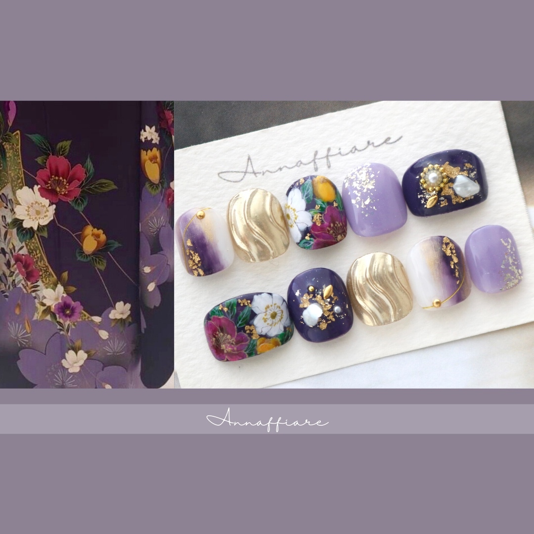 振袖柄オーダー♡和装ネイルチップ　　　/Annaffiare 振袖和柄着物前撮り結婚式白無垢ウェディングブライダル菊柄和風成人式和柄花柄後撮り日本大人シンプルミラーネイルうねうねシェル和小物伝統柄鶴