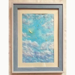 和紙ちぎり絵『三日月と流れ星とふわふわ雲』葉書サイズ原画