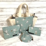 Ａ★HappyBagSet☆＊ブーケ柄＊ミント＊サイドポケットトートバッグ＊ポーチ＊コンパクト財布＊ミニ巾着