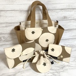 Ｅ★HappyBagSet☆＊丸花柄＊キャメル＊サイドポケットトートバッグ＊ポーチ＊コンパクト財布＊ミニ巾着