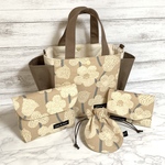 Ｈ★HappyBagSet☆＊ポピー柄＊ベージュ＊サイドポケットトートバッグ＊ポーチ＊コンパクト財布＊ミニ巾着