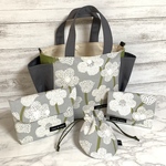 Ｉ★HappyBagSet☆＊ポピー柄＊グレー＊サイドポケットトートバッグ＊ポーチ＊コンパクト財布＊ミニ巾着