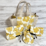 Ｊ★HappyBagSet☆＊ポピー柄＊イエロー＊サイドポケットトートバッグ＊ポーチ＊コンパクト財布＊ミニ巾着