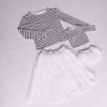 「ボーダーロンT＆チュールスカート〈white×blueボーダー&whiteチュール〉kids＆mama」親子リンク、親子お揃い 80＆38号  