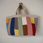 オールリネンカラフル系　縦パッチ　横長トートBAG　① 　麻　カラーリネン　