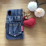 iPhone14本格デニム生地★ iPhone手帳型ケース❤️きらきらハートのチャームつき