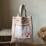 フランスアンティークリネン*前ポケット*コラージュトートバッグ*手刺繍イニシャル*ショルダー可