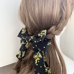 【送料無料】ミモザ ルーシーリボン ファブリックリボン ポニーフック バレッタ ゴム ヘアアクセサリー シンプル 入学式 入園式 和装 大きめ 大きめリボン  イエロー ブラック 花柄