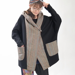 ジャガード織り＊マルチピンストライプ切り替え＊裏地起毛＊ビックフード＊ドルマンジャケット＊コート＊ブルー系
