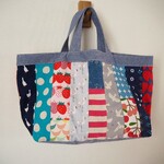 カラフル　北欧風縦パッチ　　横長トートBAG　綿麻ダンガリー　リバーシブル　♪　