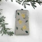 ミモザ手刺繍　リネンメガネケースorペンケース　