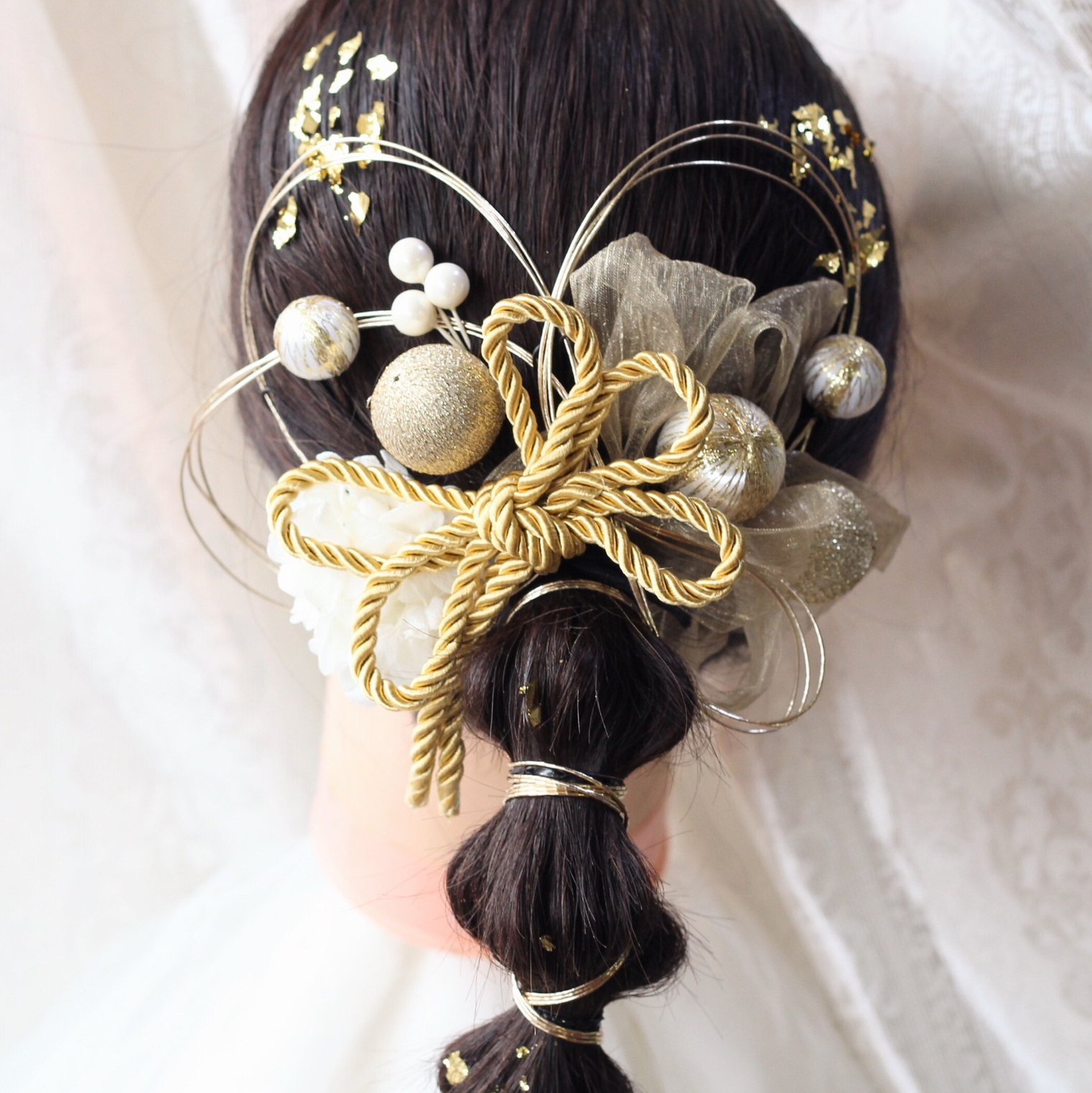 和装髪飾り　ヘッドドレス　和玉×リボン×金箔 bdf16cba37ff4dd30c6324a8a855ca