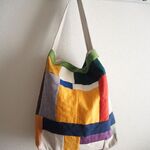 カラフル　ランダムパッチ　ワンハンドル　縦長トートBAG　肩掛け　♪　麻　帆布　綿麻