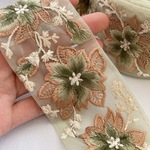 【50cm】【60mm幅】【くすみグリーン】インド刺繍リボン　大ぶり　花柄　フラワーモチーフ　レース地　くすみカラー　手芸　アクセサリーパーツ　ハンドメイド　DIY R017-3