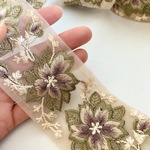 【50cm】【60mm幅】【グレージュ】インド刺繍リボン　大ぶり　花柄　フラワーモチーフ　レース地　くすみカラー　手芸　アクセサリーパーツ　ハンドメイド　DIY R017-4