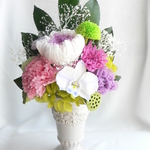 ☆プリザーブドフラワー・仏花・ミルフィーユ輪菊・オールプリザ・花器付き☆お仏壇に・お供えに