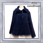 新春特別価格♪1点物*ウールのボレロ ショートコート Aライン ポンチョ風★ネイビー×紺レース(即納品)