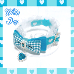 【ꔚ 𝕎𝕙𝕚𝕥𝕖 𝕕𝕒𝕪ꔚ】ターコイズブルー×シルバーLOVEハート💙チェック×ベルベットリボン《通常首輪》