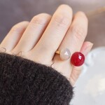 春の新作【13号】自分のための癒しリング　深みルビーピンク　と　グレーオニキス　フォークリング 