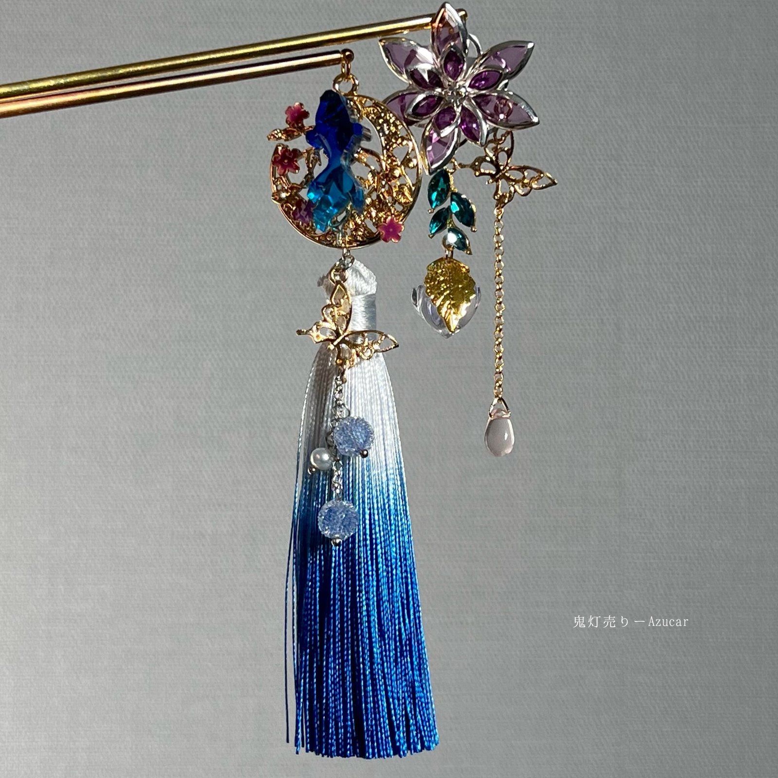 蒼金魚と鬼灯と紫蓮の和風かんざし(2本セット)蝶々と淡水パール