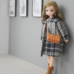 チェック柄ノーカラーコート　膝丈　1/6ドール用リカちゃん服アウトフィットリカちゃんコートアウター